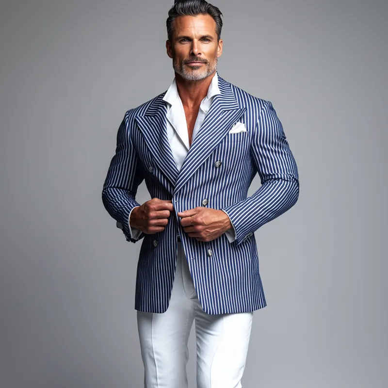 Men's Business Peaked Lapel Double Breasted Striped Blazer
