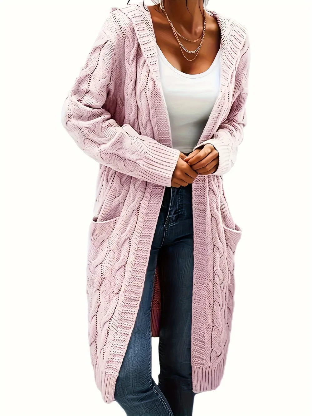 Cozy Long Sleeve Mid-Length Solid Color Cable Knit Hooded Cardigan - Soft Micro Elasticity Polyester, Casual Pocket Sweater for Women