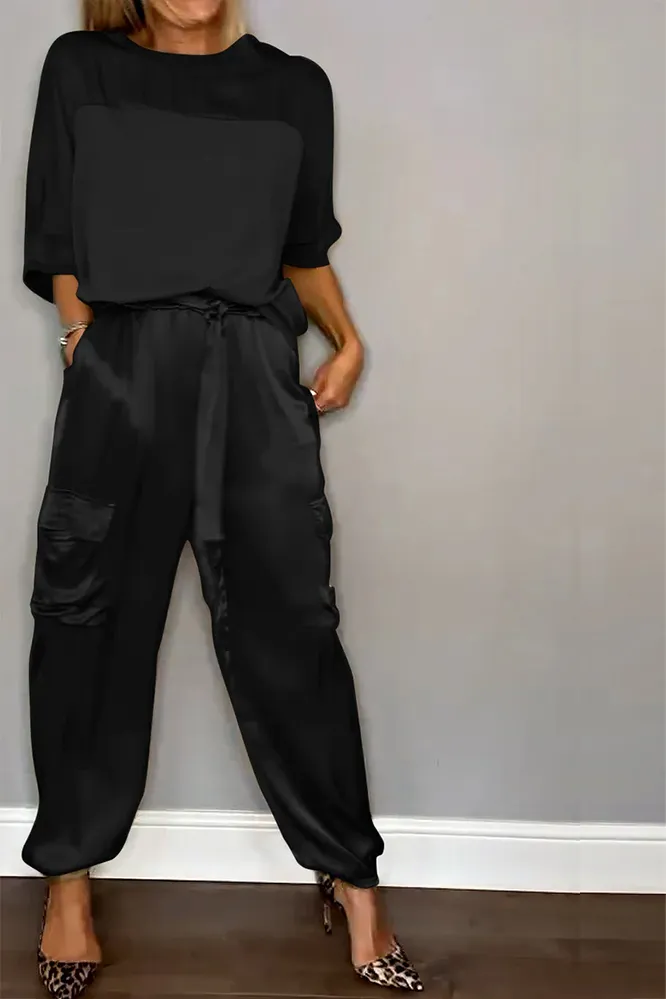 Women's Smooth Satin Half-sleeved Top and Pant Suit Two-piece