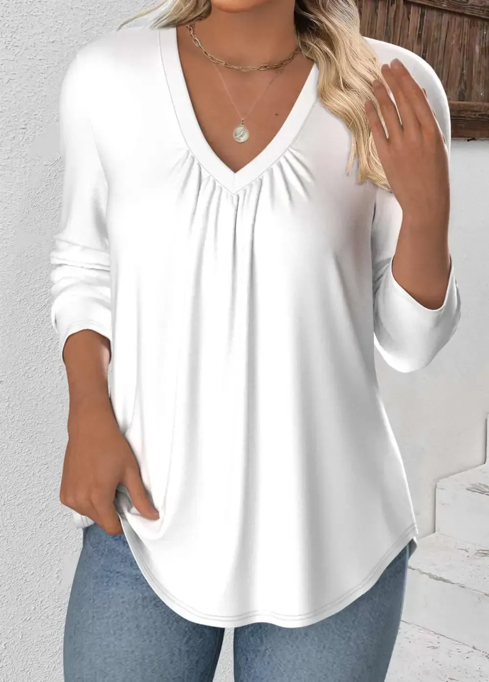 White Long Sleeve V Neck T Shirt