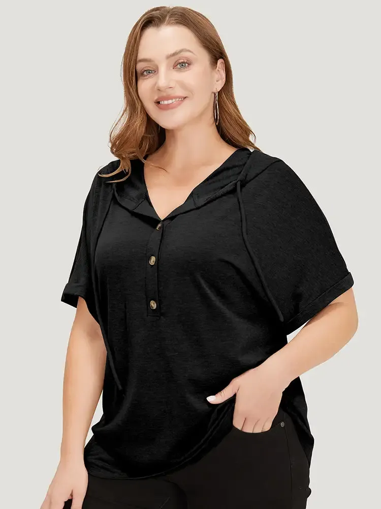 Plain Drawstring Roll Sleeve Button Up Hooded T-shirt