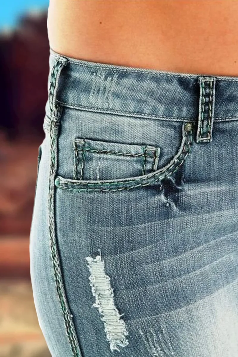 Cross Embroidery Studded Ripped Bootcut Jeans