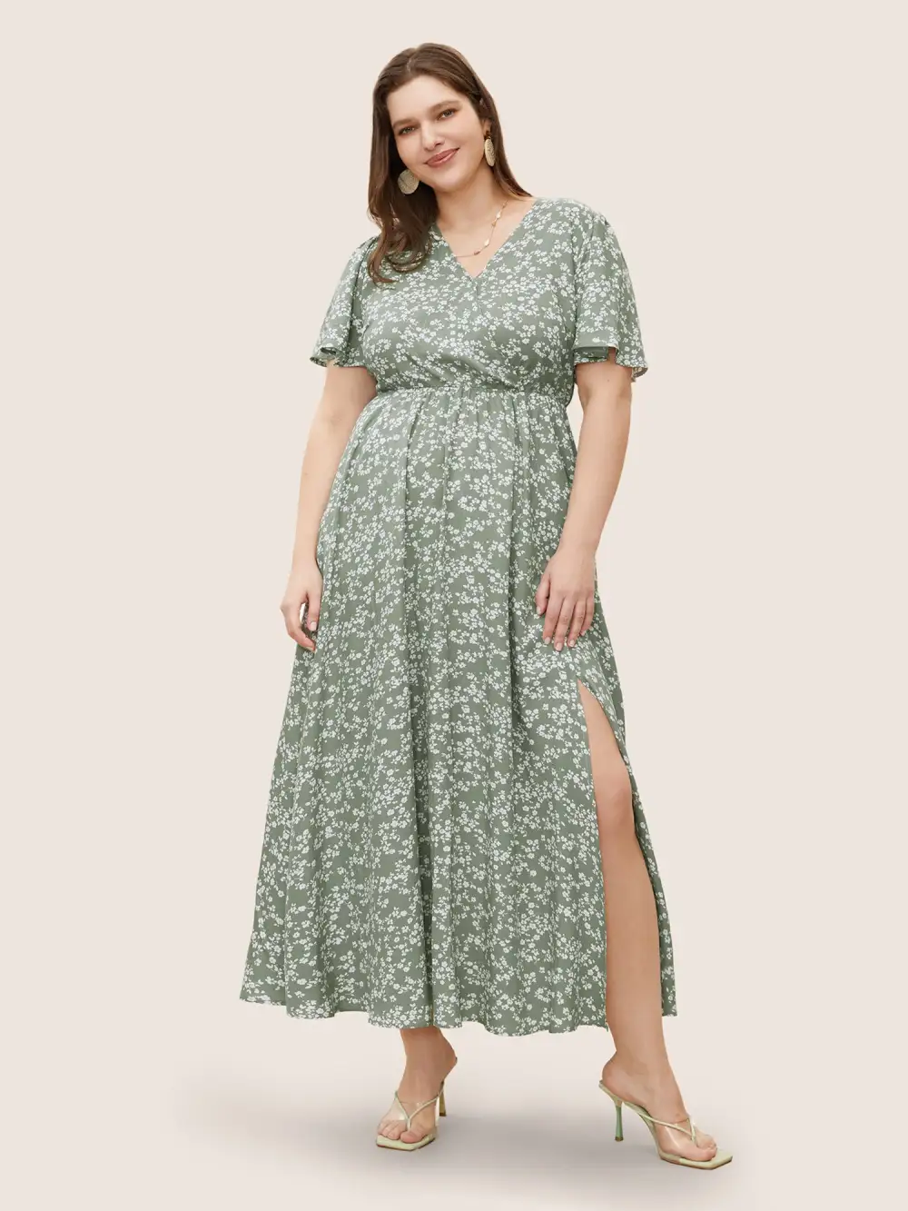 Bloom Dress - Flutter Sleeve Ditsy Floral Pocket Split Maxi Dress