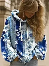 Women's Pullover Hoodie Sweatshirt Floral Graphic Elegant Warm Active Long Sleeve Hooded Regular Tops Street Dailywear Casual Patchwork Print Yellow Pink Blue Light Purple Purple Spring Fall Winter