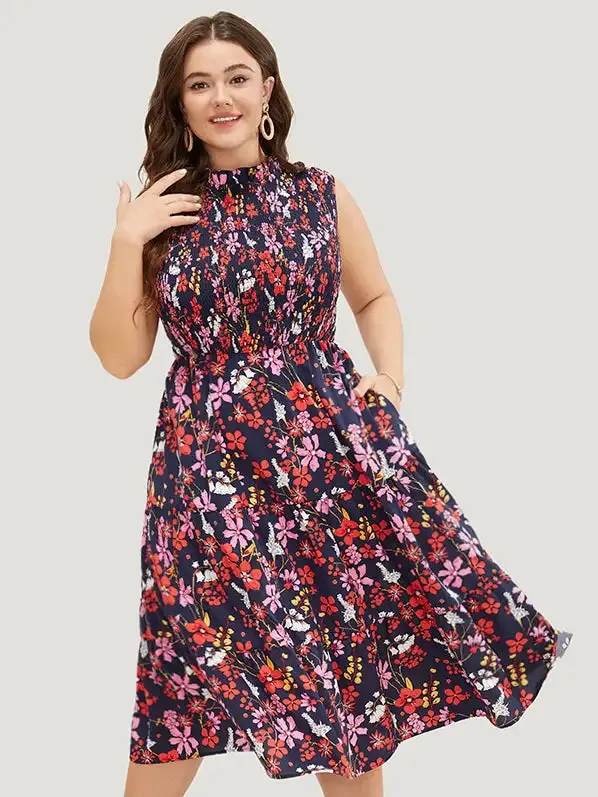 Floral Shirred Mock Neck Cut Out Pocket Ruffle Hem Dress