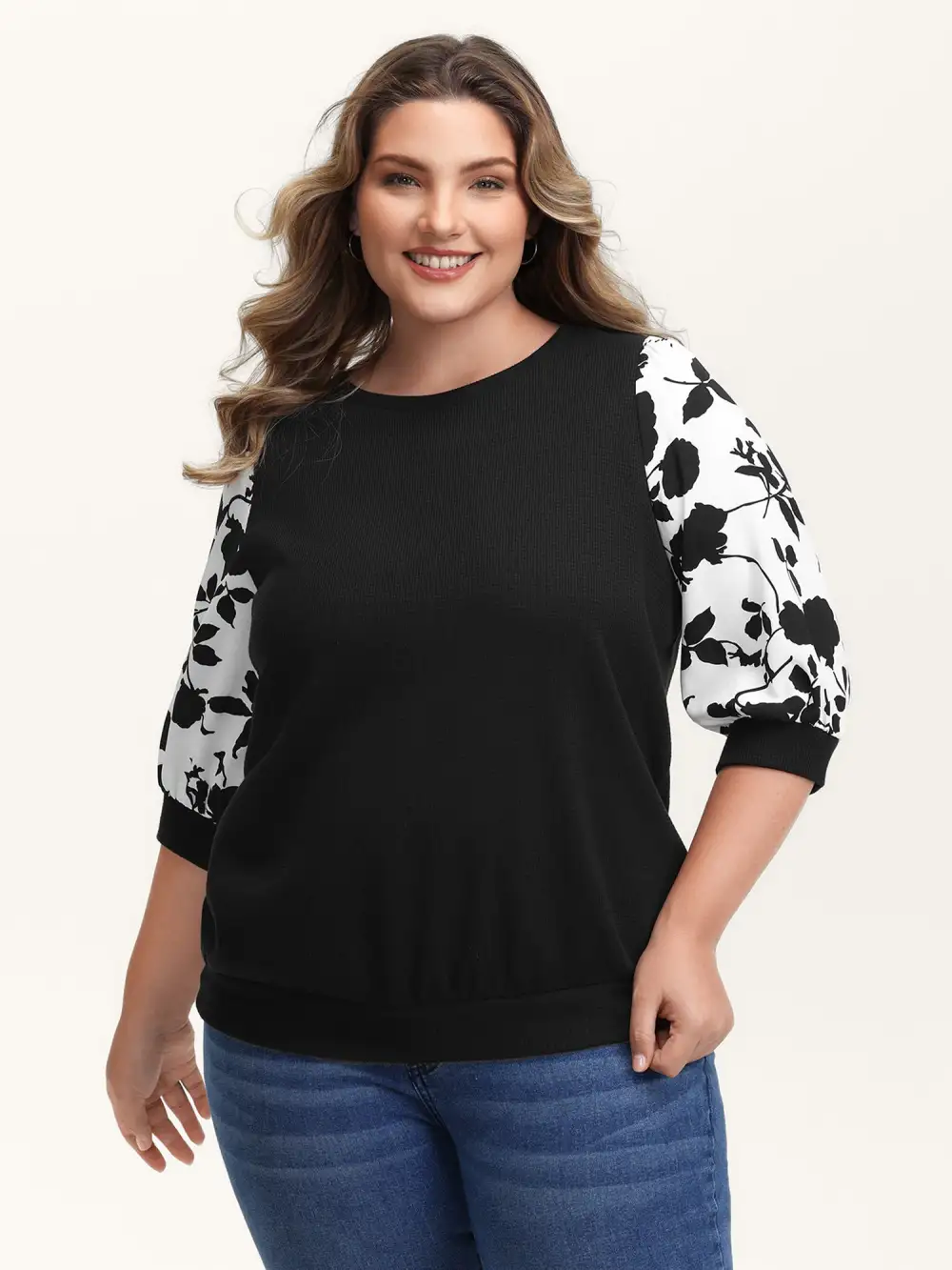 Textured Floral Puffy Sleeve Sweatshirt