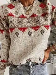 Geo Print Womens Knit Sweater - Soft & Cozy Crew Neck Pullover - Stylish Casual Long Sleeve Wardrobe Essential