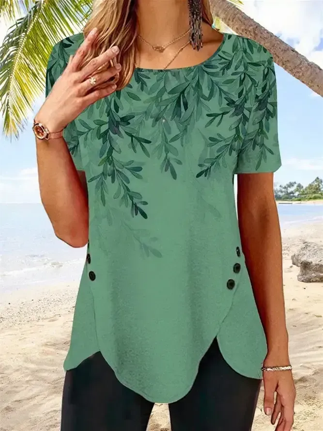 Women's Green Scoop Neck Short Sleeve Printed Top