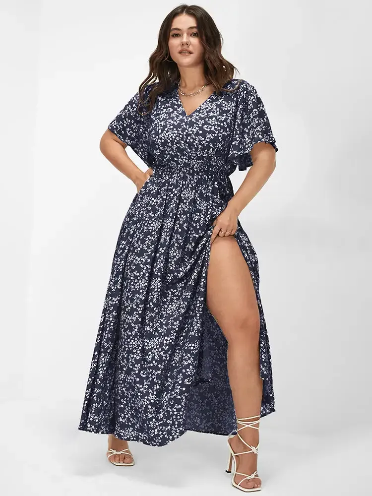Bloom Dress - Flutter Sleeve Ditsy Floral Pocket Split Maxi Dress