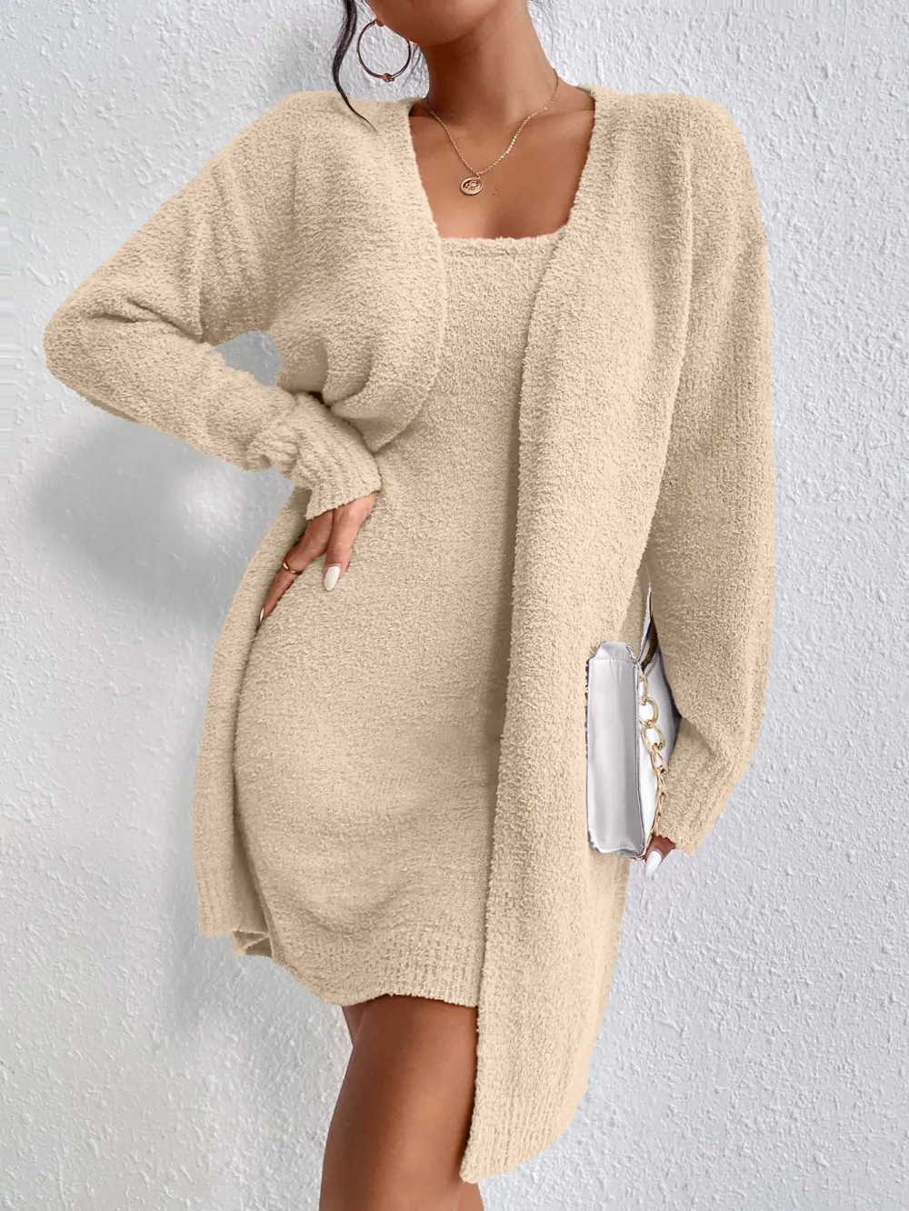 Solid Cami Sweater Dress & Drop Shoulder Cardigan