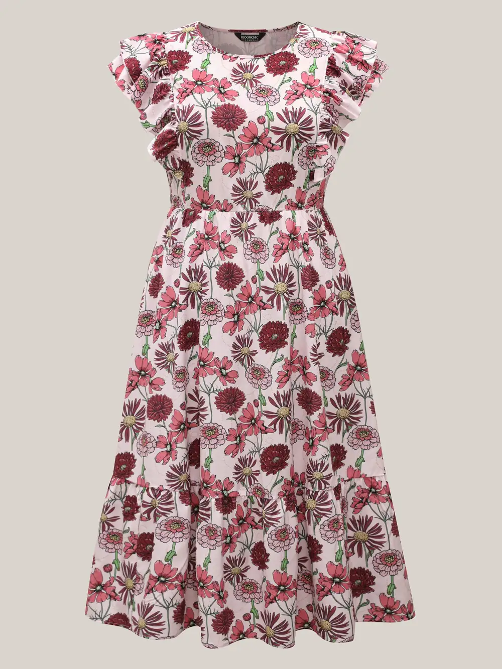 Ruffled Floral Print Stretchy-Waist Midi Dress