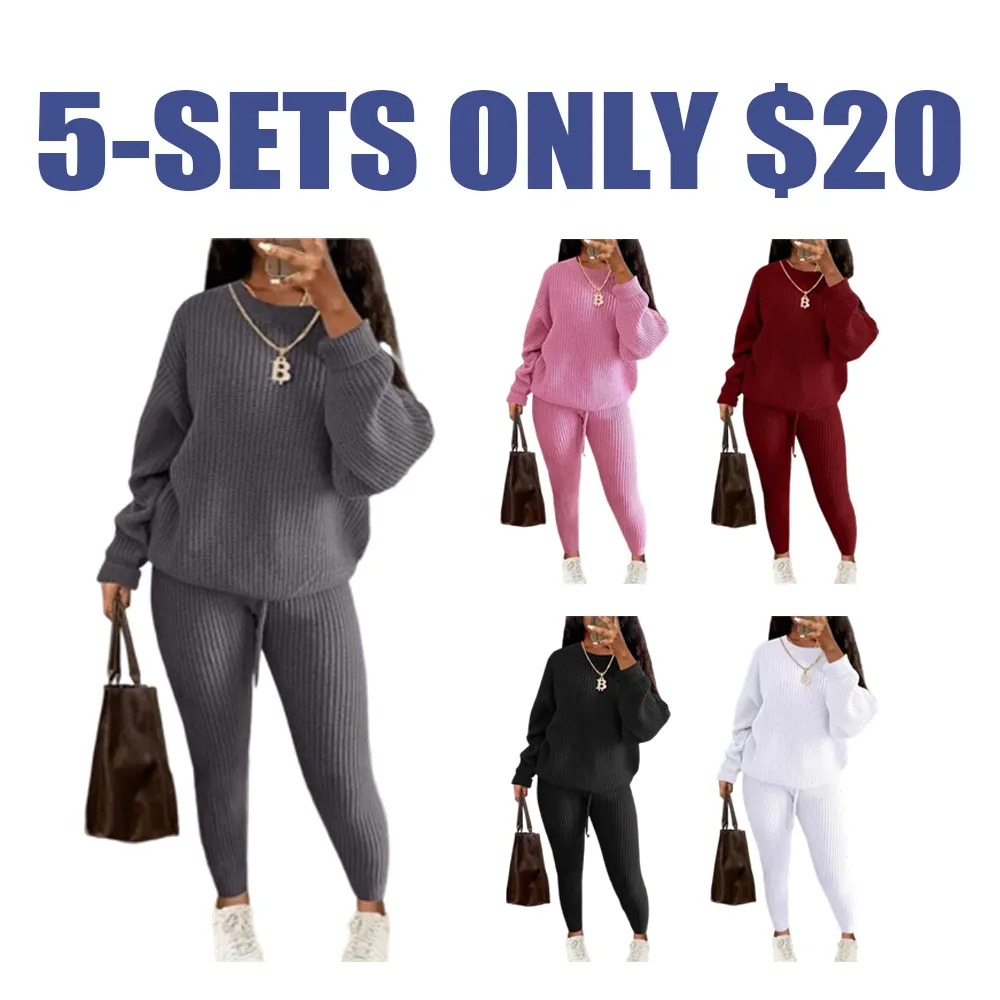 Women's Solid Drop Shoulder Long Sleeve Sweater & Drawstring Waist Pants Set