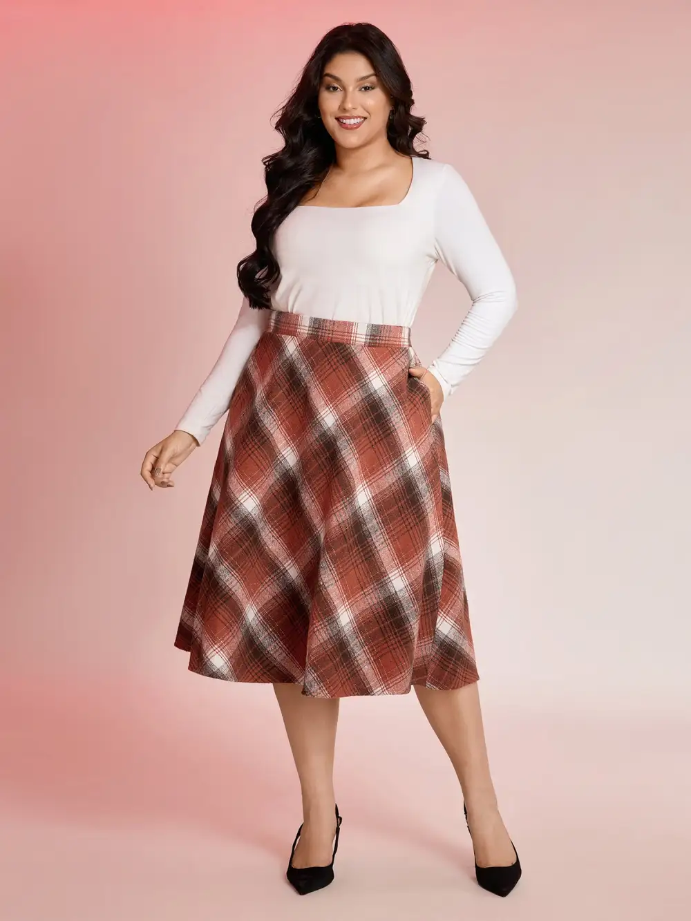 Pumpkin Plaid Print Halloween Midi Skirt