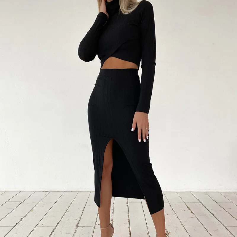 High neck long sleeve T-shirt high waist split skirt casual suit