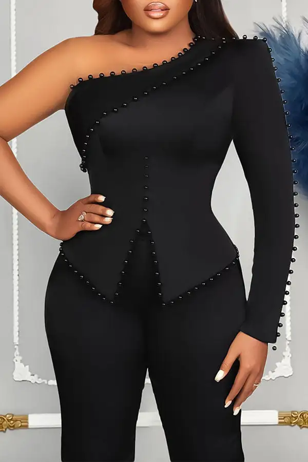 Beaded Decor Glamorous One Shoulder Pant Suit