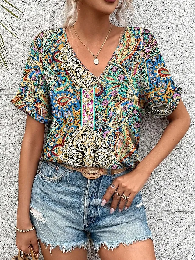 Women's Boho Shirt Tee Paisley Vintage Rainbow Print Blouse V Neck Half Sleeve Casual Short Sleeve Ethnic Summer Spring Shirts
