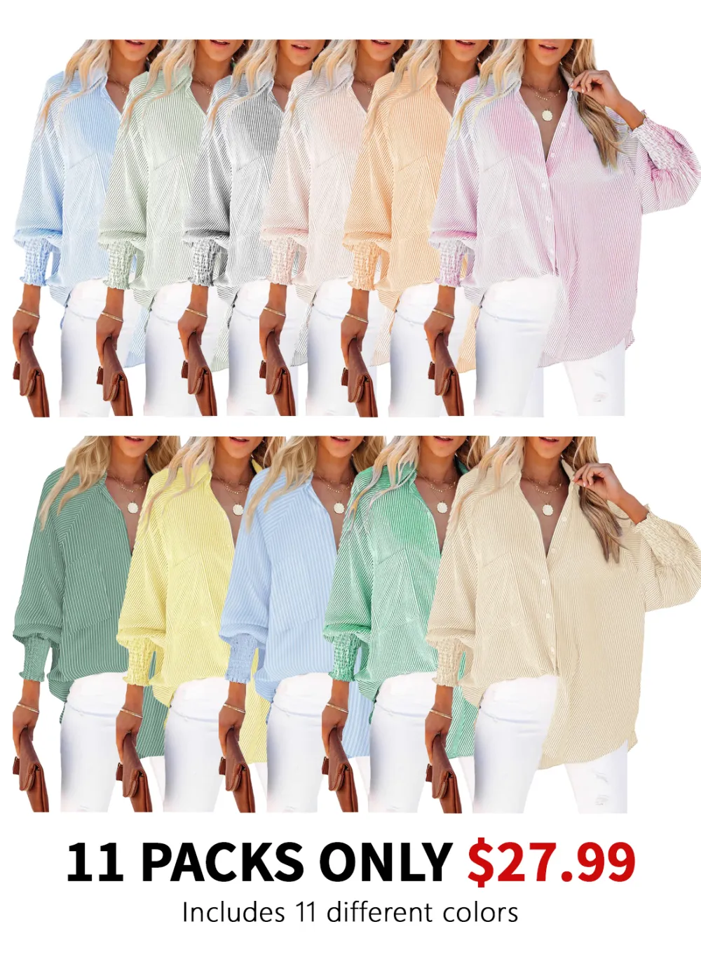 Womens Smocked Cuffed Striped Boyfriend Shirt Casual Collar Long Sleeve Oversized Button Down Blouse Tops with Pocket Shirred
