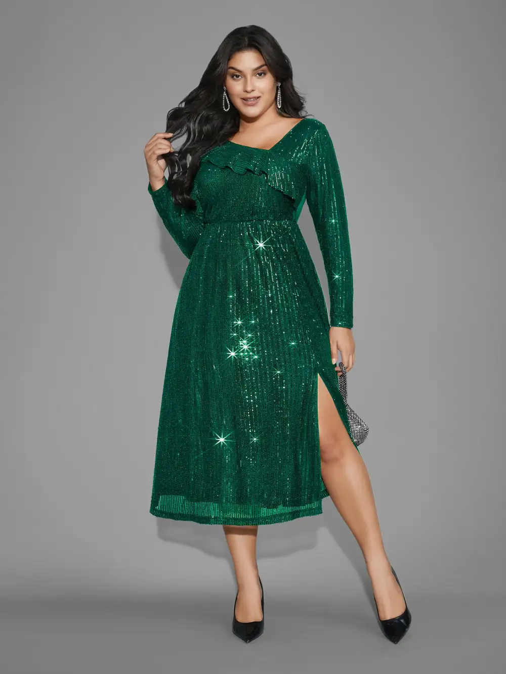 Sequin Mesh Asymmetrical Neck Midi Dress