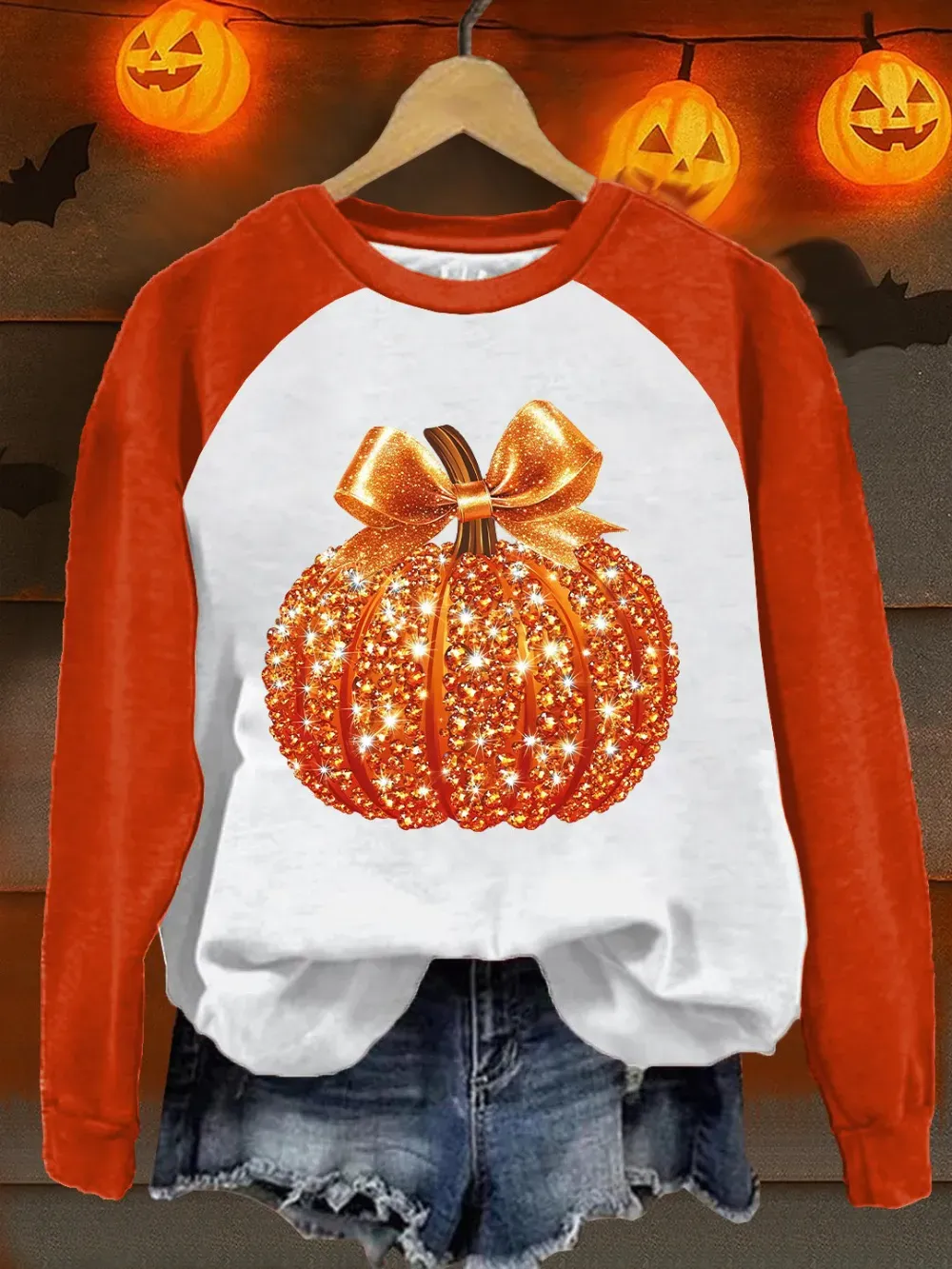 Women'S Retro Autumn Pumpkin Print Raglan Sleeve Sweatshirt