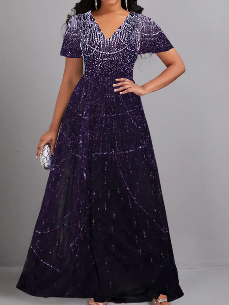 Short-sleeved blue gradient V-neck bright diamond sequin dress cocktail dress waist loose swing dress dress