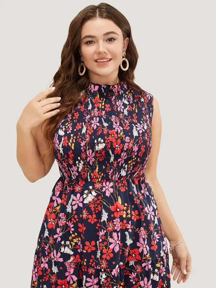 Floral Shirred Mock Neck Cut Out Pocket Ruffle Hem Dress