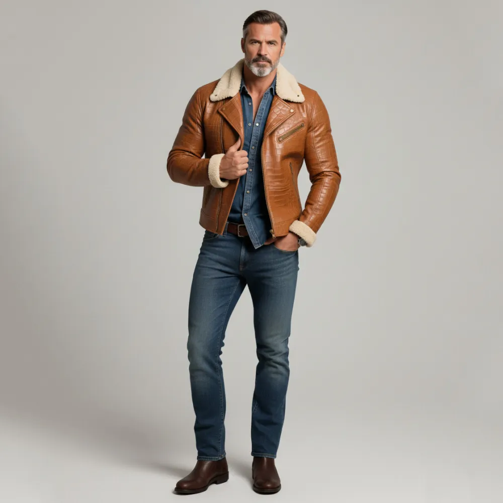 Men's Brown PU Leather Crocodile Pattern Shearling Collar Long Sleeve Zipper Jacket