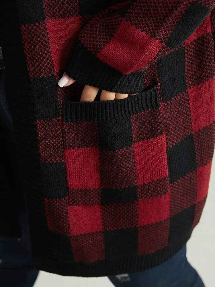 Plaid Patched Pocket Loose Cardigan