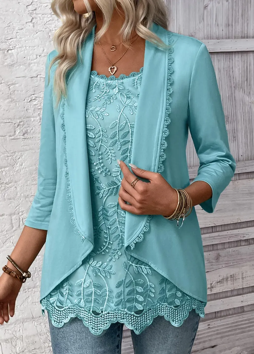 Mint Green Lace 3/4 Sleeve Fake Two Piece Twinset
