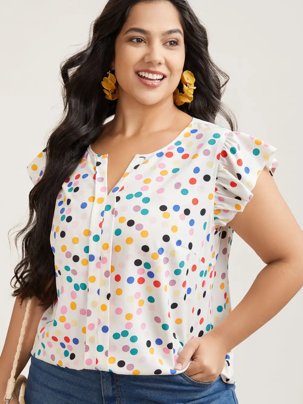 Polka Dot Flutter Sleeve Blouse