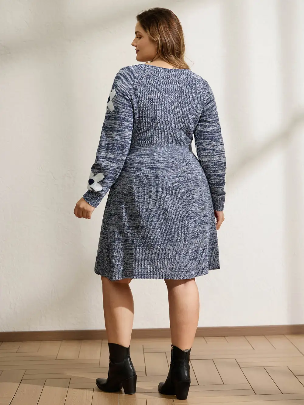 Floral Jacquard Print Mixed Yarn Knit Midi Dress