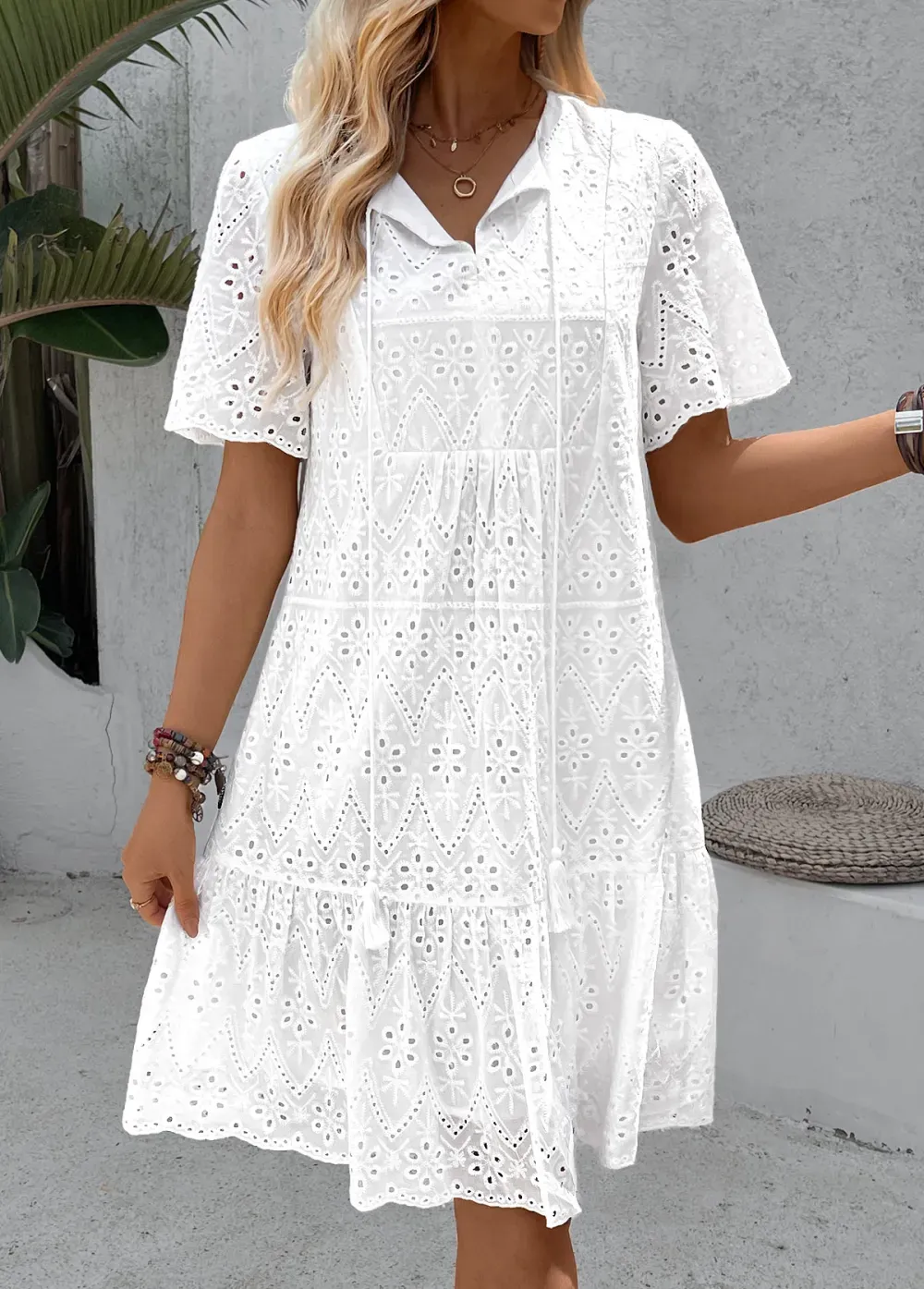 White A Line Short Sleeve Split Neck Dress