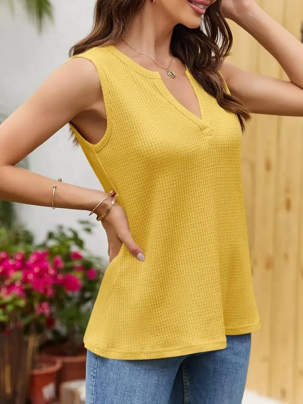 ✨Womens V Neck Waffle Knit Summer Casual Sleeveless Loose Tank Tops