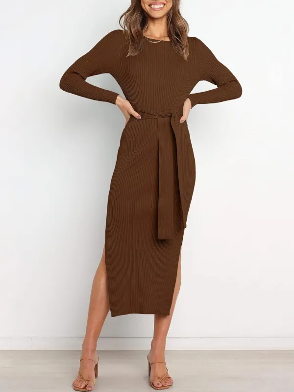 Long Sleeve Sweater Dress Crew Neck Slim Fit Slit Tie Waist 2024 Ribbed Knit Bodycon Midi Dress Fall Outfits