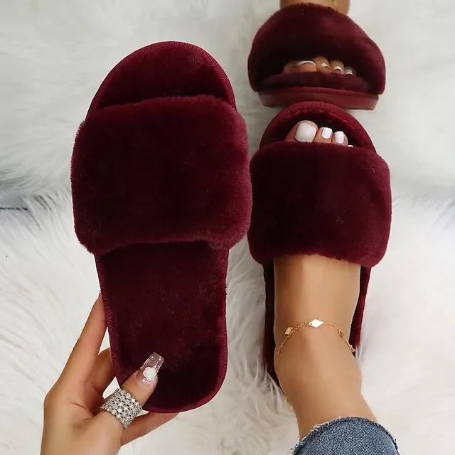 Women's Slippers Furry Feather Fuzzy Slippers Fluffy Slippers House Slippers Home Daily Solid Color Winter Flat Heel Open Toe Casual Comfort Minimalism Walking Suede Wine Red Black White