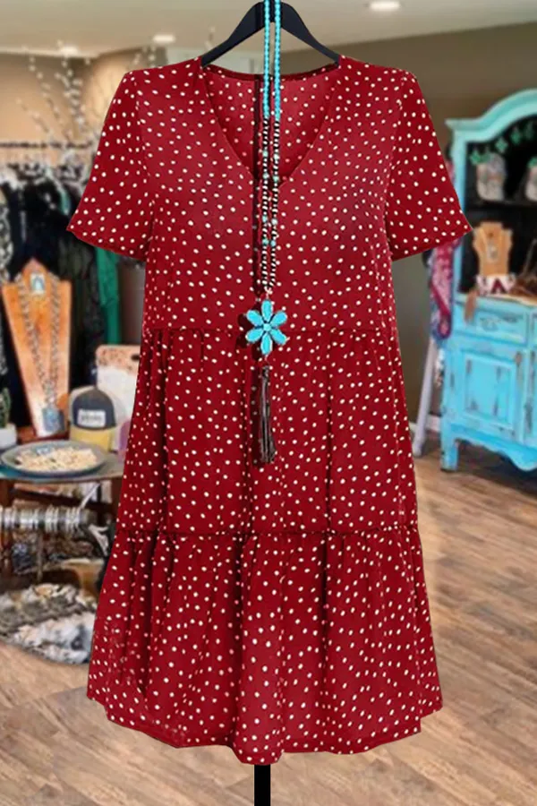 Casual Polka Dot Print V-Neck Ruffled Dress
