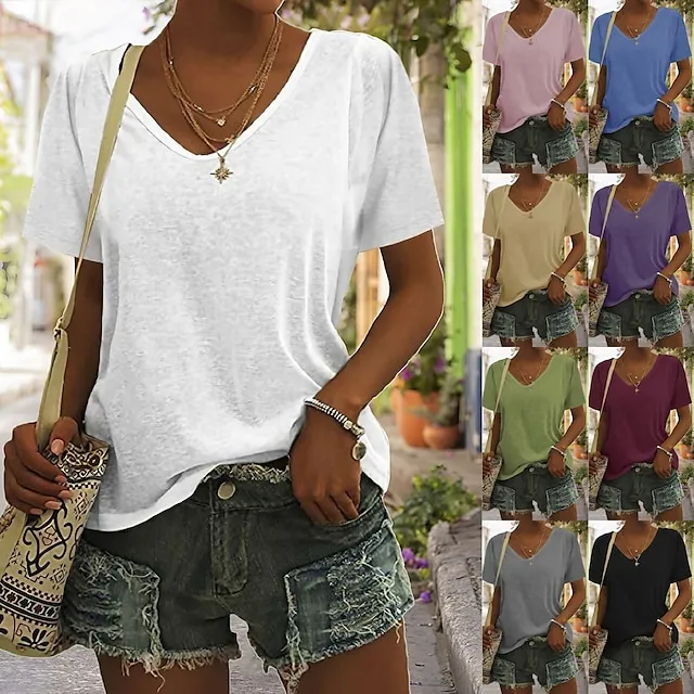T shirt Tee Women's Black White Dark Red Plain Basic Daily Daily V Neck Regular Fit S