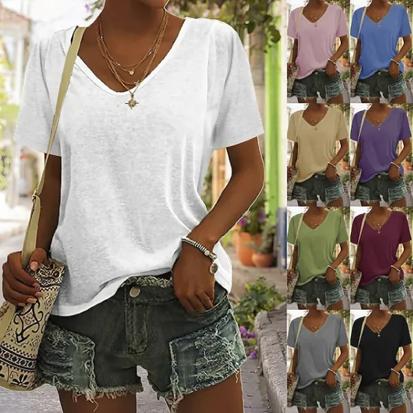T shirt Tee Women's Black White Dark Red Plain Basic Daily Daily V Neck Regular Fit S