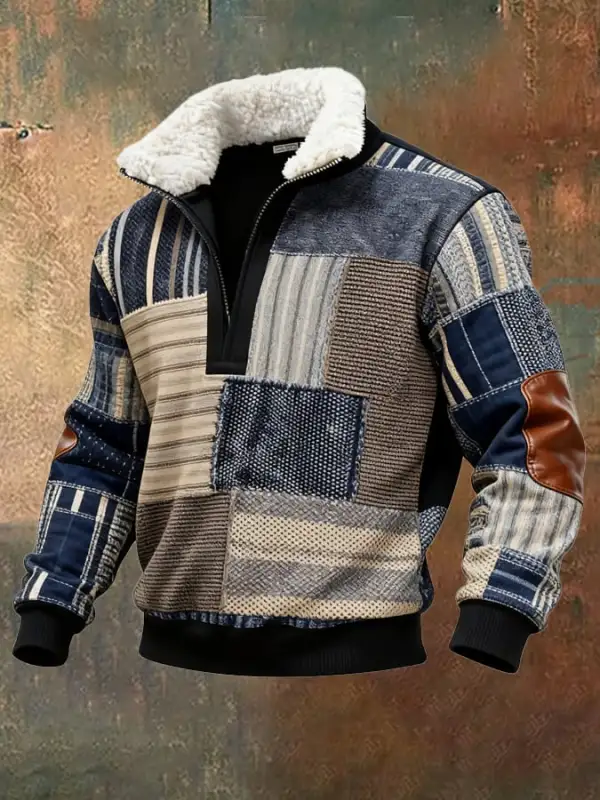 Men's Retro Color Block Print Casual Fur Collar Sweatshirt