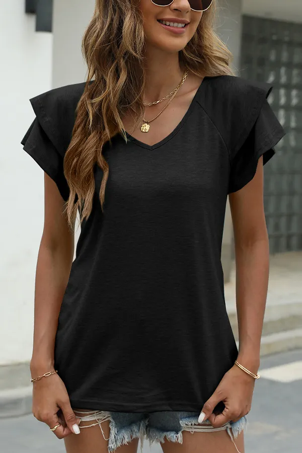 Solid Ruffled Sleeve V-Neck T-Shirt