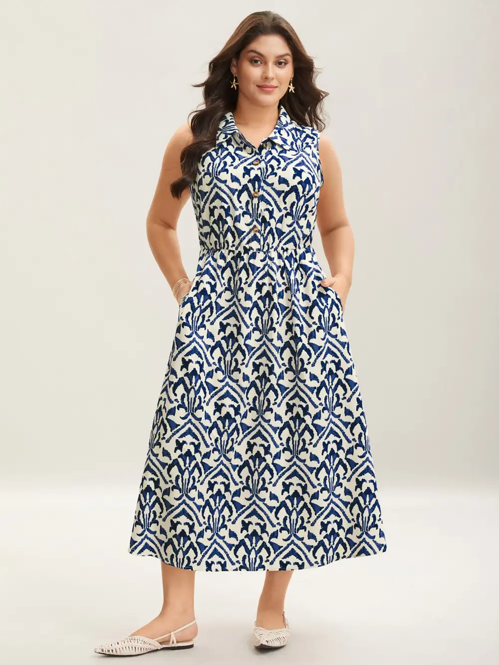 Spring Abstract Print Shirt Collar Midi Dress