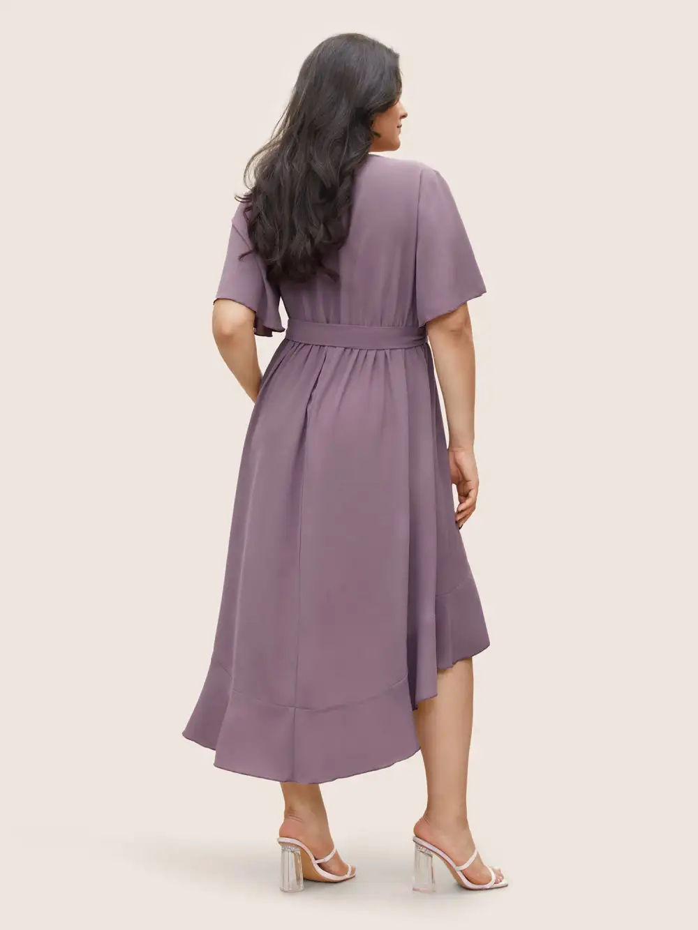 Bloom Dress - Solid Tie Surplice Ruffle High Low Dress
