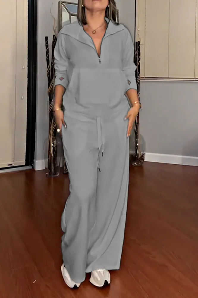 Women's solid color zipper V-neck top and pants two-piece set