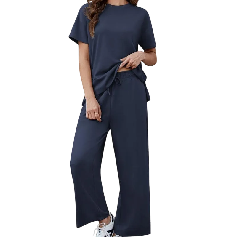 2 Piece Tracksuit for Womenswear Soft Short Sleeve Outdoor Wide Adjustable Leg Pockets Pants Lounge Matching Travel
