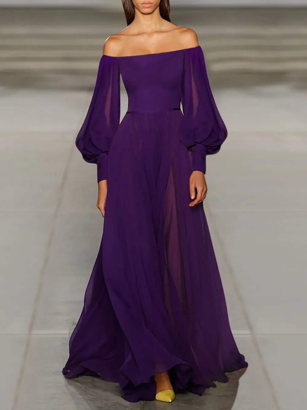 Off Shoulder Purple Prom Chiffon Maxi Dress