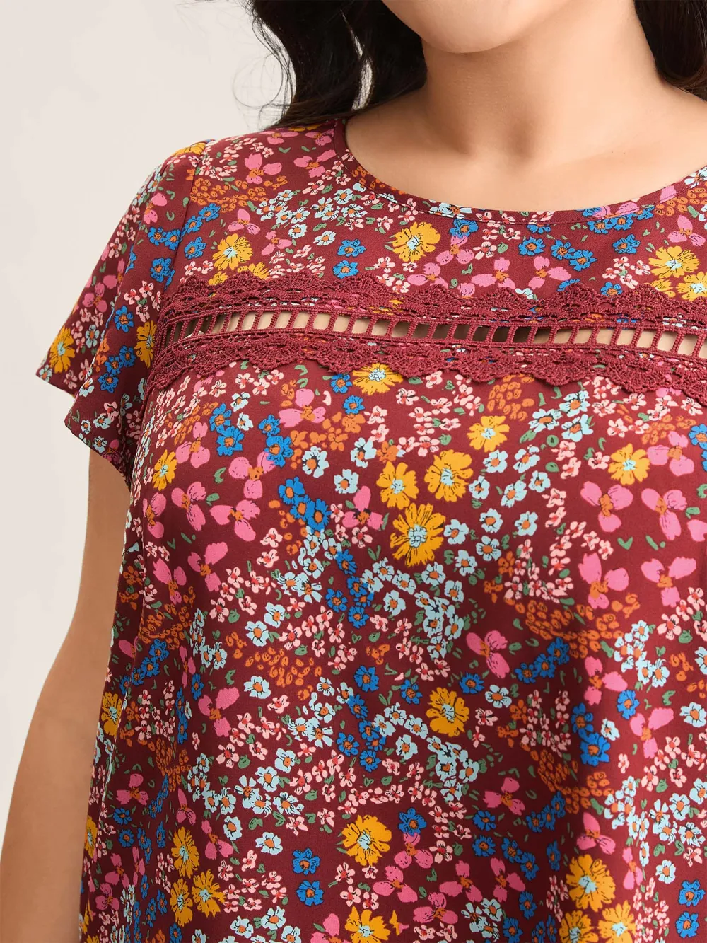 Multi-Color Floral Print Lace Spliced Blouse