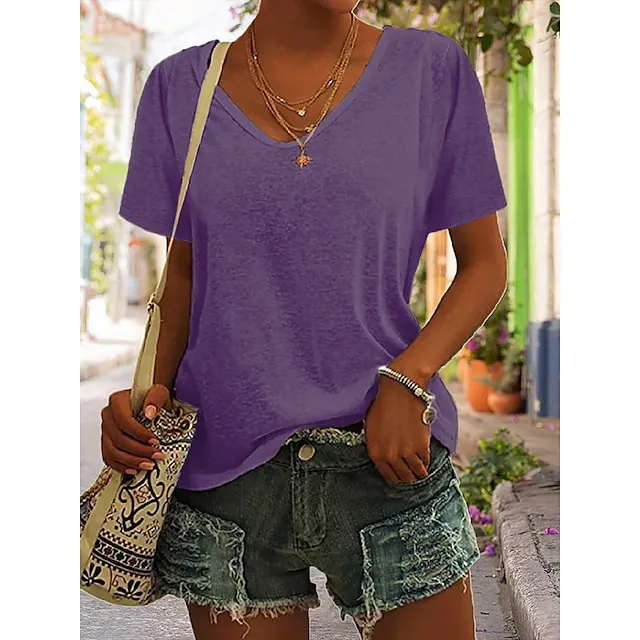 T shirt Tee Women's Black White Dark Red Plain Basic Daily Daily V Neck Regular Fit S