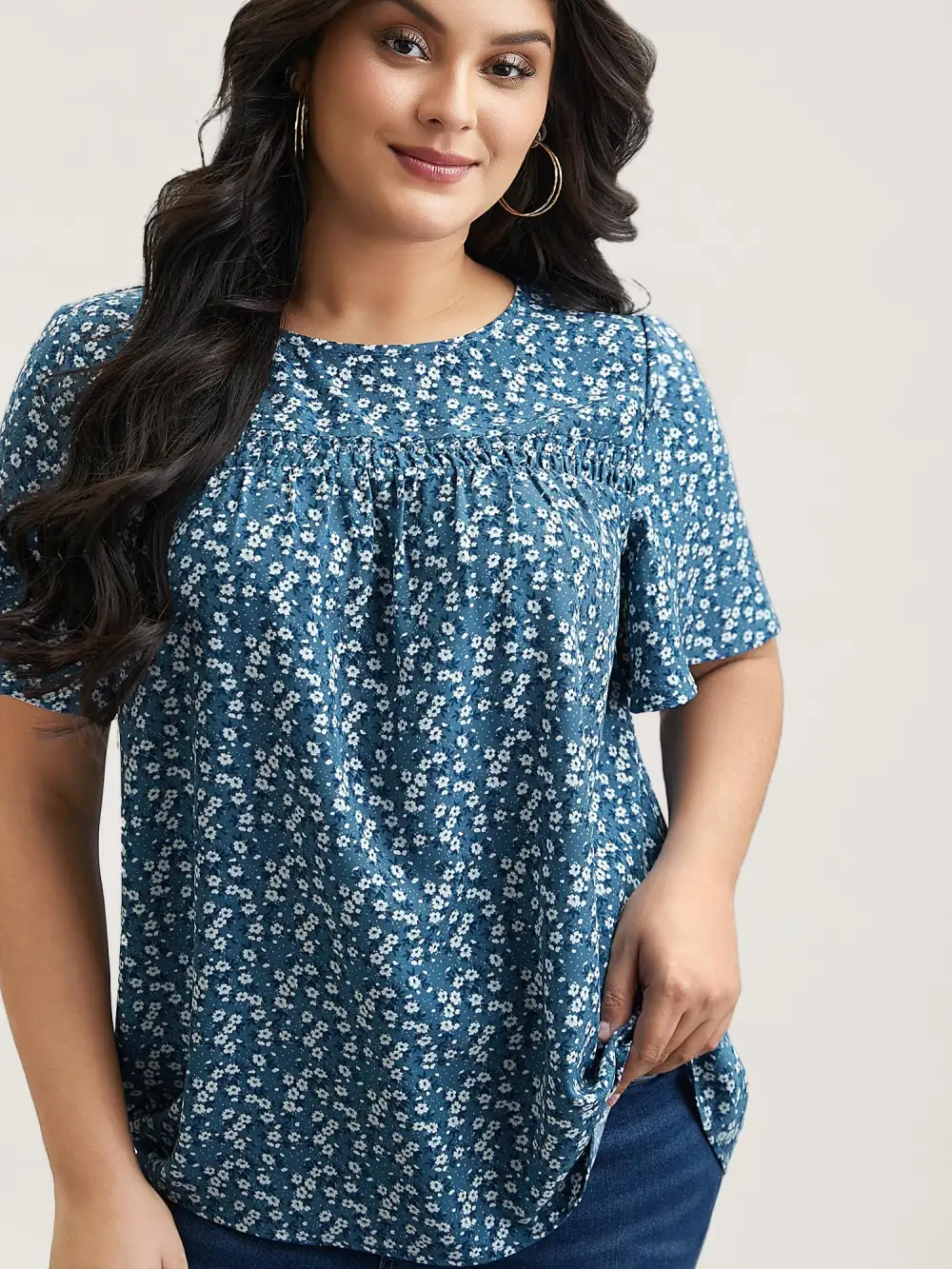Floral Ruffle Sleeve Gathered Round Neck Blouse