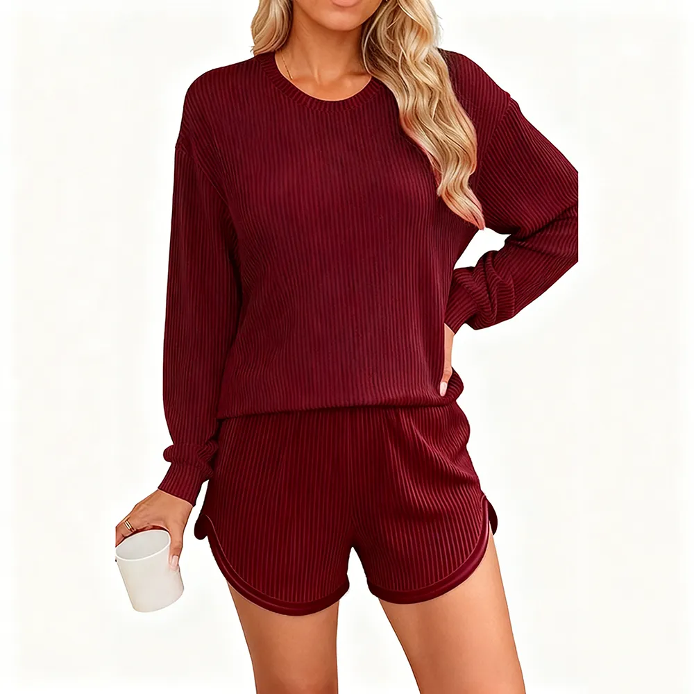 Women’s Ribbed Pajama Sets Long Sleeve Top and Shorts