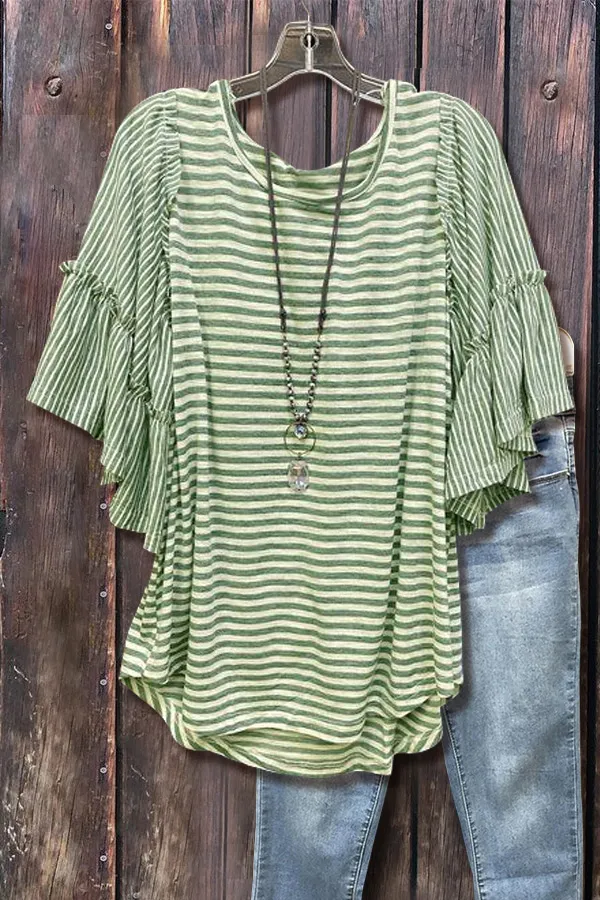 Striped Crew Neck Ruffle Top