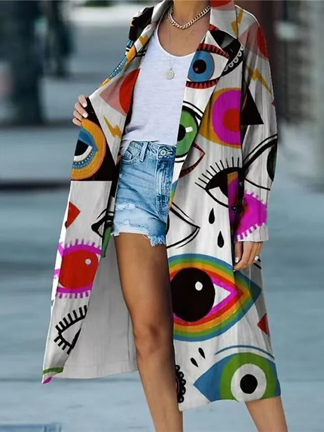 Women's Winter Coat Casual Jacket Warm Breathable Street Daily Going out Pocket Print Open Front Turndown Streetwear Casual Street Style Color Block Regular Fit Outerwear Long Sleeve Fall Spring White